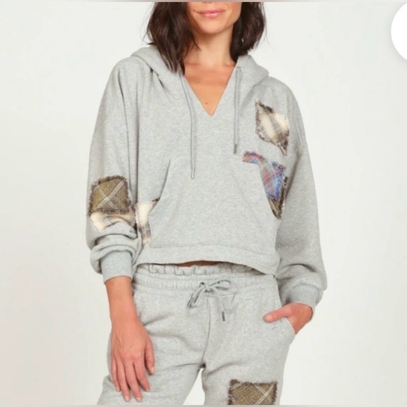 Vintage Havana | Heather Gray With Patchwork Cropped Hoodie - Picture 1 of 8